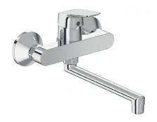 Miscelatore monocomando a parete per lavello con bocca d'erogazione orientabile. Raccordi ad S da 1/2”, regolabili per interasse da 150±23 mm. Dotato di cartuccia da 40 mm con sistema Eko. Miscelatore monocomando a parete per lavello con bocca d'erogazione orientabile. Raccordi ad S da 1/2”, regolabili per interasse da 150±23 mm. Dotato di cartuccia da 40 mm con sistema Eko.