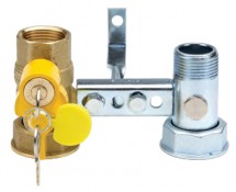 R.1142 Mensola a sfera con serratura di morosità per contatore gas, interasse 110 con zanca per Fischer con presa da 1/4 con farfalla sabbiata R.1142 Mensola a sfera con serratura di morosità per contatore gas, interasse 110 con zanca per Fischer con presa da 1/4 con farfalla sabbiata