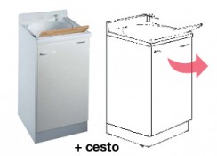 Mobile idrofugo ad una anta con vasca in termoplastico, con cerniere A DESTRA, con cesto portabiancheria e asse legno