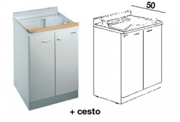 Mobile idrofugo con cesto portabiancheria e asse in legno a due ante, con vasca in termoplastico, prof. 50 cm. Mobile idrofugo con cesto portabiancheria e asse in legno a due ante, con vasca in termoplastico, prof. 50 cm.
