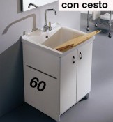 Acqua + Marella con cesto- Mobile idrofugo a due ante rivestite in PVC, con vasca in ceramica e asse in legno, con cesto portabiancheria