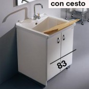 Acqua + Marella con cesto- Mobile idrofugo a due ante rivestite in PVC, con vasca in ceramica e asse in legno, con cesto portabiancheria Acqua + Marella con cesto- Mobile idrofugo a due ante rivestite in PVC, con vasca in ceramica e asse in legno, con cesto portabiancheria